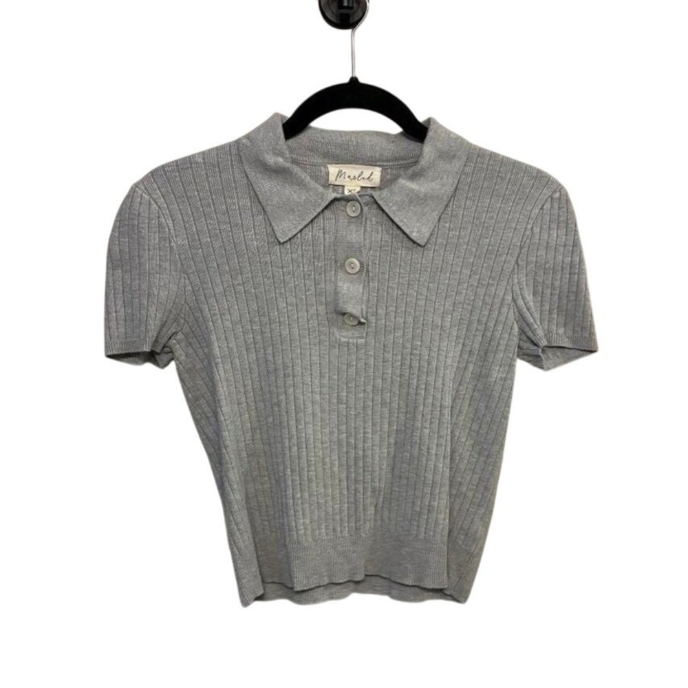 Marled Grey collared ribbed‎ knit crop top w/ collar and 3/4 button Sz XS